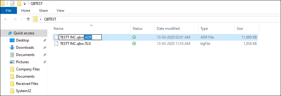 QBTest folder in QUickBooks - Screenshot