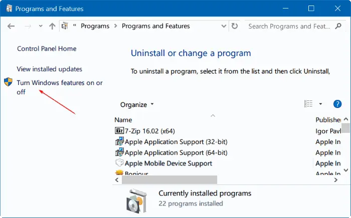 Turn Windows features on or off - Screenshot