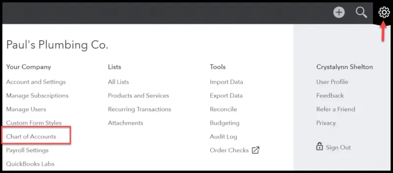 Charts of Accounts Command - Screenshot
