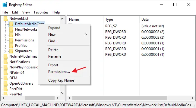 Click on Permissions - Screenshot