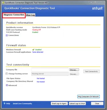 Diagnose Connection Tab - Screenshot