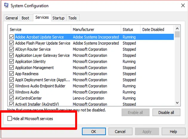 Hide all Microsoft services - Screenshot