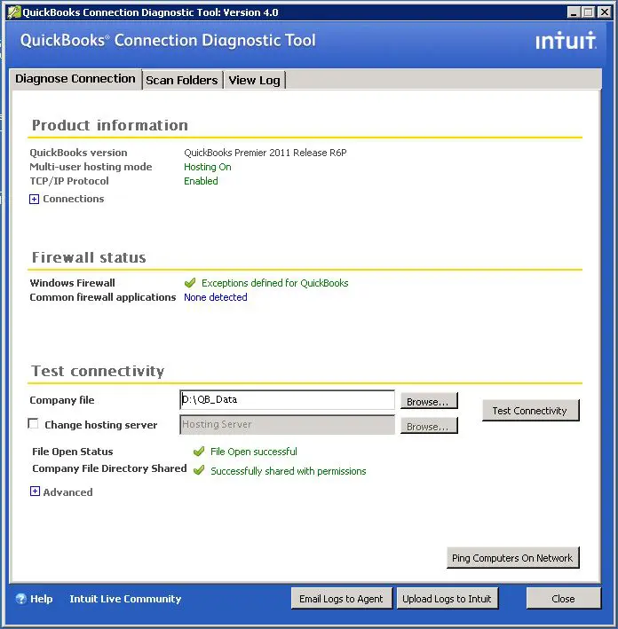 QuickBooks Connection Diagnostic Tool - Screenshot