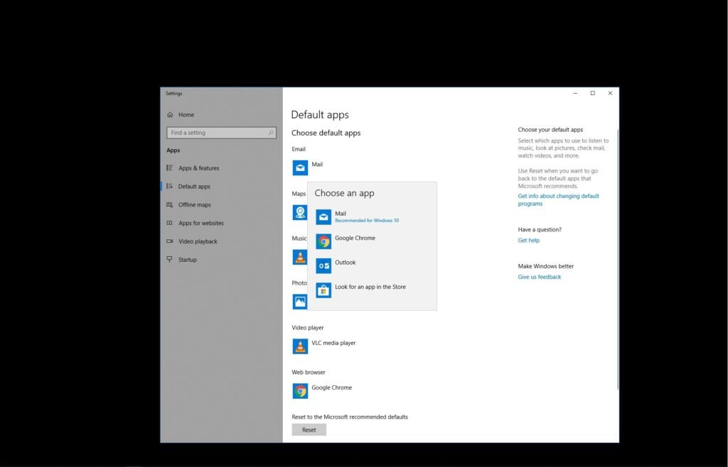 Setting up Microsoft Outlook as the default mail app - Screenshot