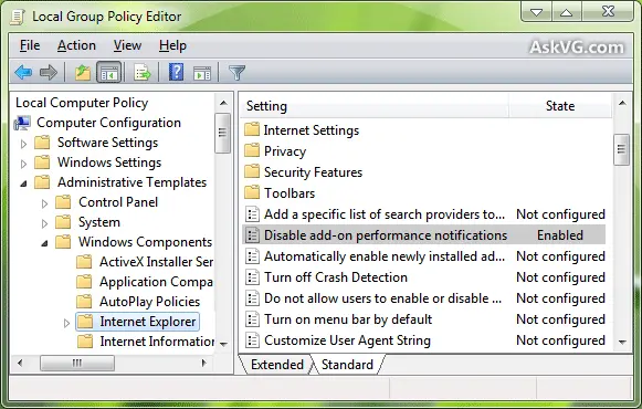 Disable the Add-ons in the Internet Explorer - Screenshot
