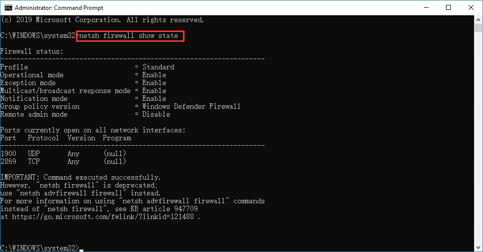 netsh firewall show state command - Image