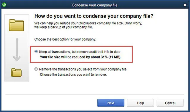Condense the company file size in QuickBooks - Screenshot