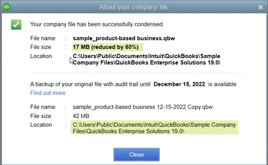 QuickBooks condense repair- screenshot
