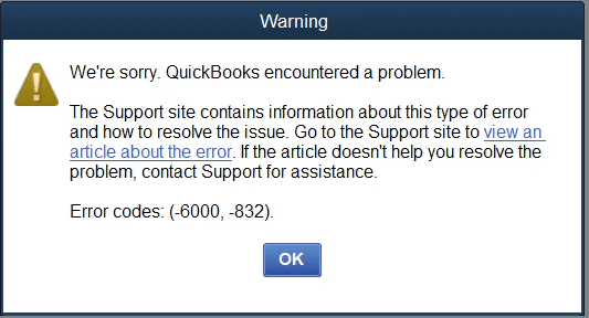 QuickBooks error -6000, -832 - Screenshot