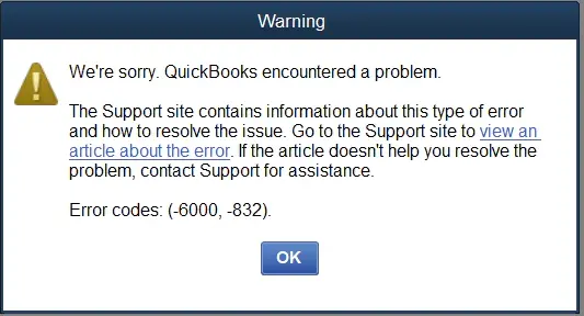 QuickBooks error -6000, -832 - Screenshot