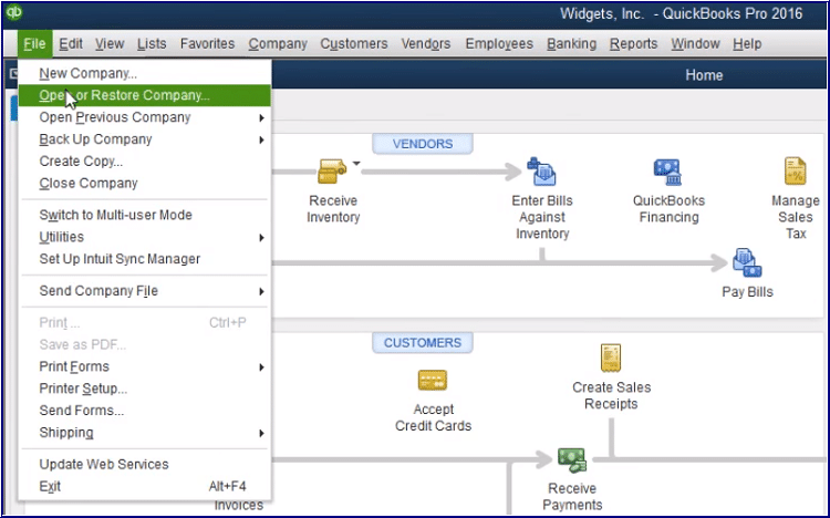 Restore company file in QuickBooks - Screenshot