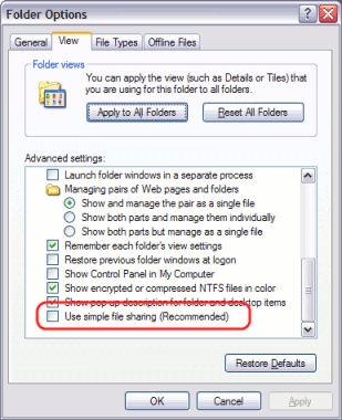 Turning off the Simple file sharing - Screenshot