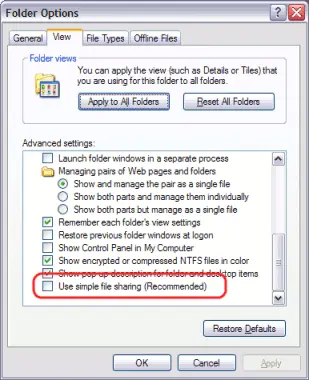 Turning off the Simple file sharing - Screenshot