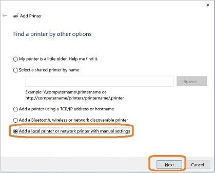 Add a local printer or network print with manual settings - Screenshot