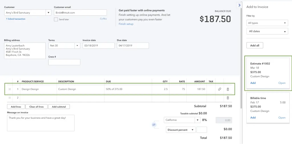 Creating an invoice from scratch in QuickBooks - Screenshot 4