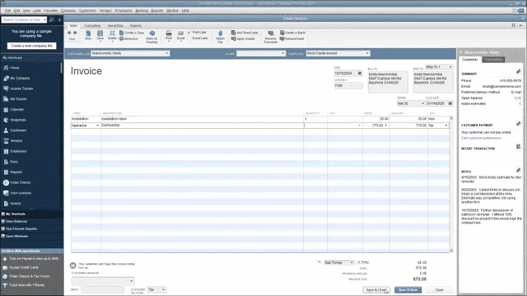 Invoice in QuickBooks-screenshot