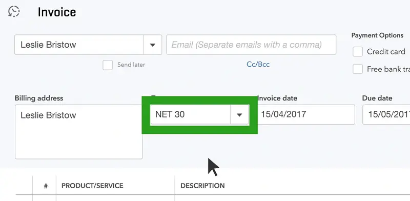 Select the Payment Terms - Screenshot