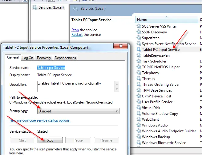 Turning off tablet PC input services - Screenshot