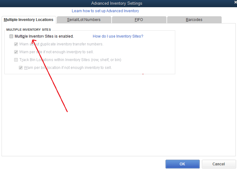 Multiple inventory sites is enabled option - Screenshot