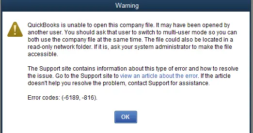 QuickBooks Error 6189, 816 - Screenshot Image