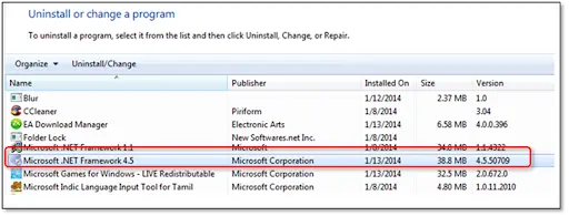 Uninstall .NET Framework on Windows 7 - Screenshot