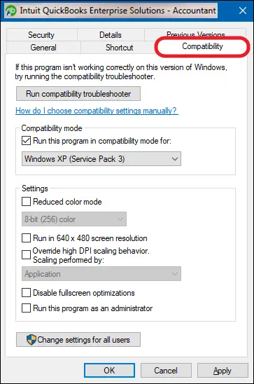Choose Compatibility Tab - Screenshot