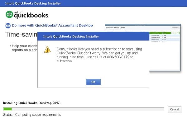 QuickBooks Desktop Subscription Error - Screenshot Image