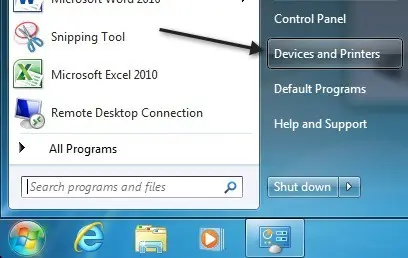 Devices and Printers option - Screenshot Image