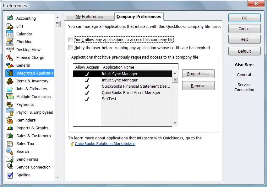 Integrated Applications followed by the Company Preferences - Screenshot Image