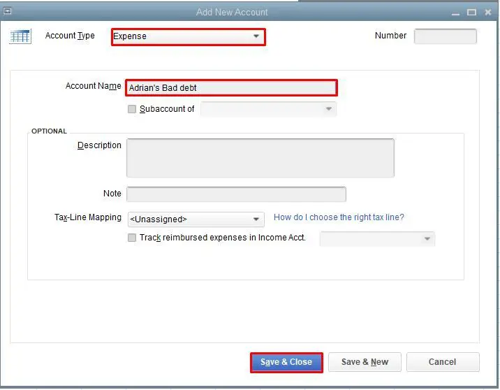 Create a Bad Debts Expense Account - Screenshot Image