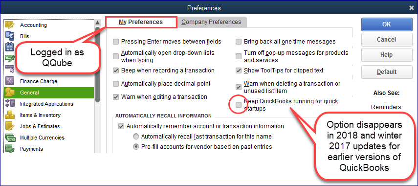 keep QuickBooks running for quick startup option - Screenshot Image