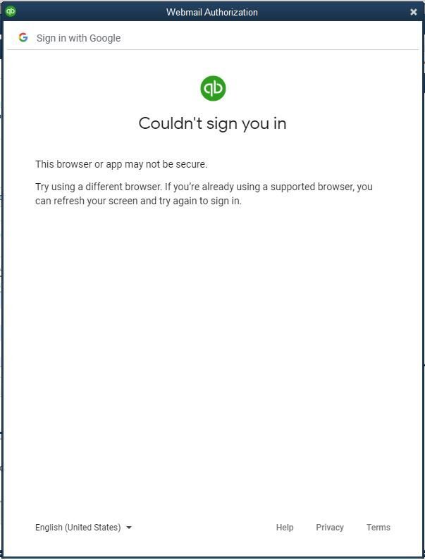 Gmail could not sign you in from QuickBooks - Screenshot Image