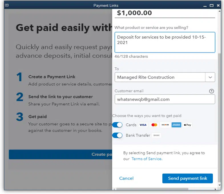 Payment links for customer pre-payments - Screenshot Image