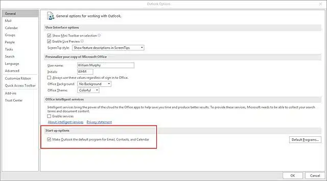 Set outlook as default email program - Screenshot Image