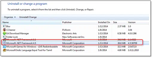 Uninstall .NET Framework on Windows 7 - Screenshot
