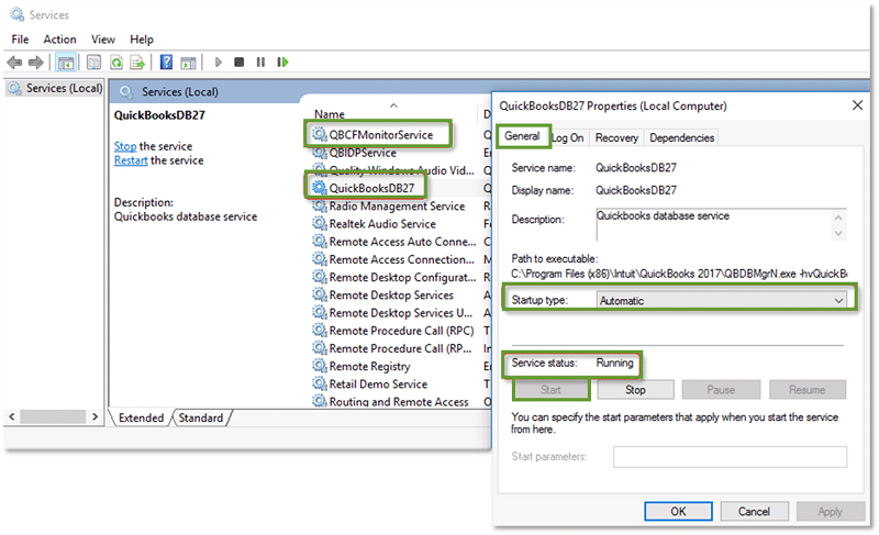 Start QuickBooksDBXX service - Screenshot Image