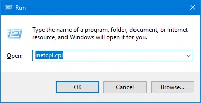 Type inetcpl.cpl in run box - Screenshot