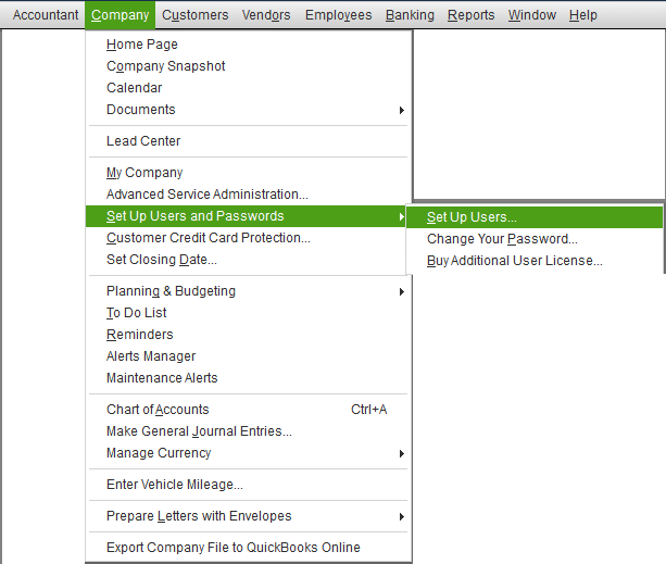 Company and setup users and passwords - Screenshot Image