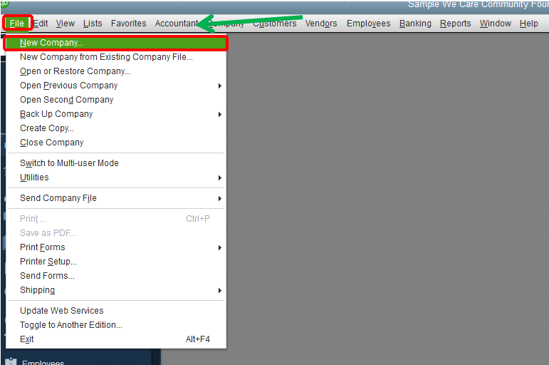 Creating a new test company file - Screenshot