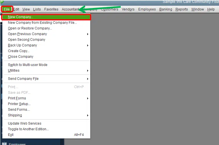Creating a new test company file - Screenshot