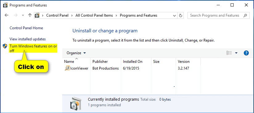 Turn windows features on - Screenshot Image