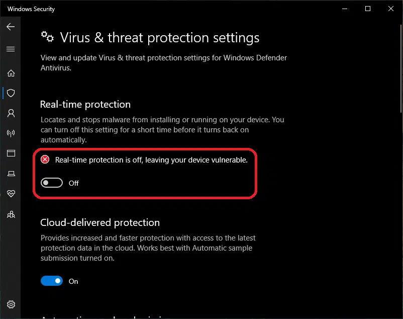 Turning off the windows defender temporarily - Image