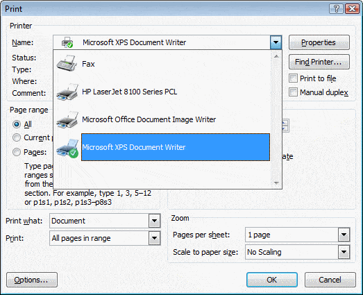 Properties of XPS document writer - Image
