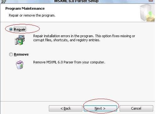 Repairing MSXML - Image