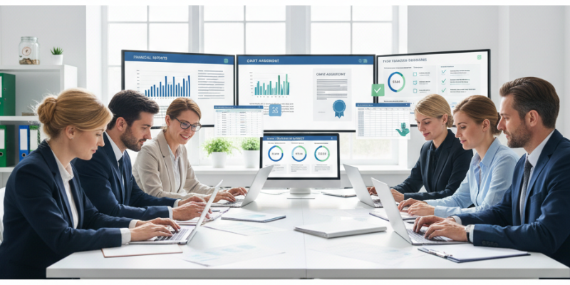 Nonprofit accountant managing grants, donations, and fund tracking reports on a laptop in an office setting.