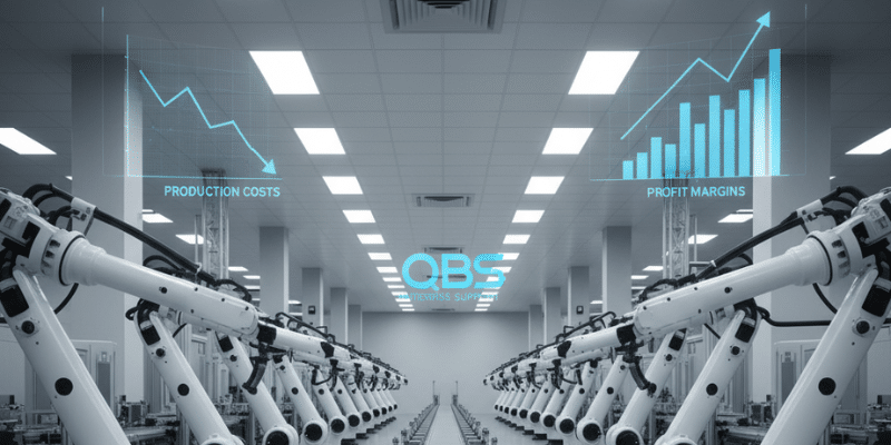 Professional manufacturing factory with production line and accounting dashboard showing cost tracking and profit margins